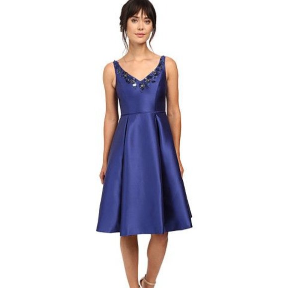 Adrianna Papell Beaded Neck Mikado Fit Flare Dress - Picture 1 of 6